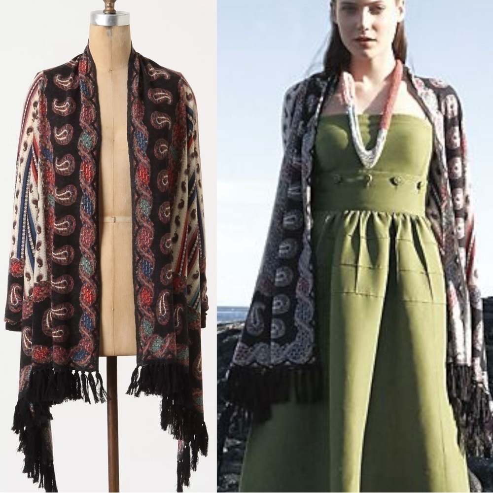 Anthropologie Guinevere Merino Wool Cardigan Sweater Bohemian Gypsy Fringe Small - Picture 3 of 16